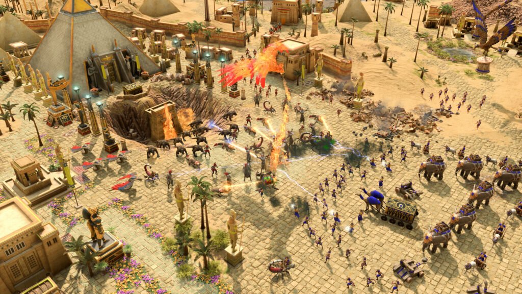 Age of Mythology: Retold'da Yunan, Mısır ve İskandinav mitolojilerinden mitolojik yaratıkların savaştığı bir an